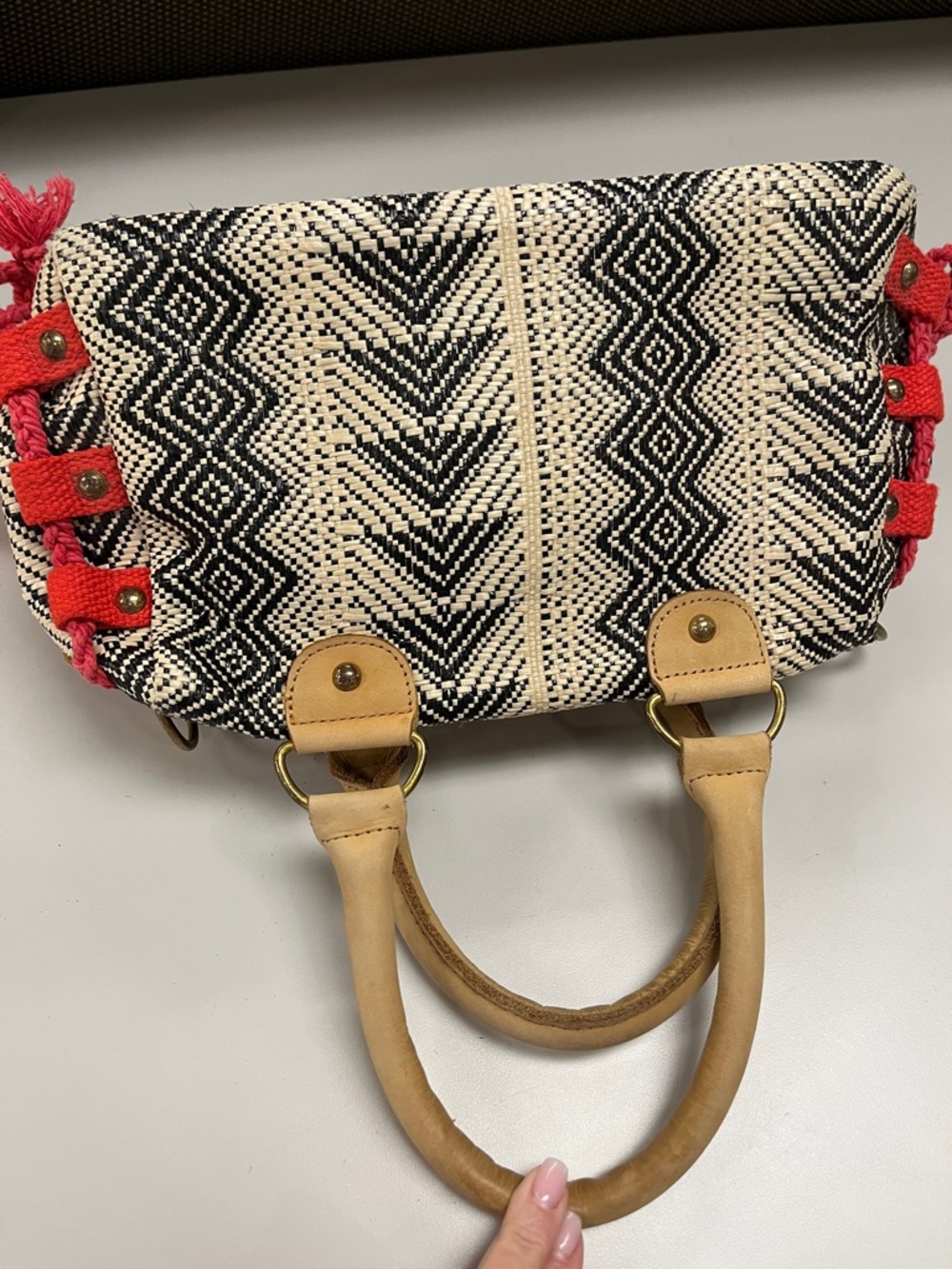 Miss Albright Speciality Woven Chevron Satchel Handbag in Black, Cream & Red - Picture 4 of 16